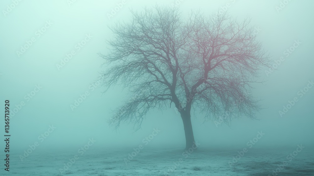 Lonely tree in foggy field, winter scene; atmospheric mood Lonely tree in foggy field, winter scene; atmospheric mood