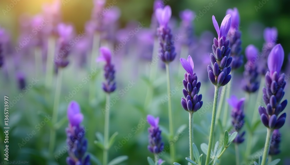 Spanish lavender plant with spring purple flower spikes and silvery leaves, nature, flora Spanish lavender plant with spring purple flower spikes and silvery leaves, nature, flora