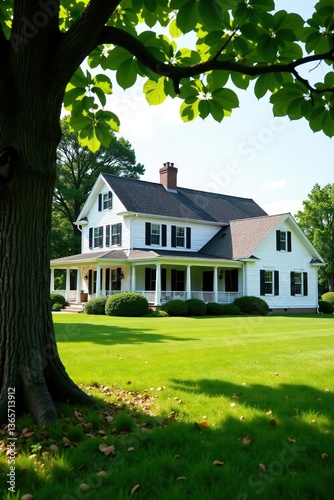 Spacious two-story house with a sprawling green yard, framed by a leafy tree in the background,  outdoor,  large