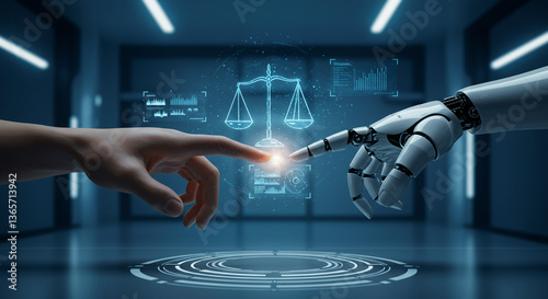 Human and AI hand reaching towards a glowing scales of justice symbol, symbolizing collaborative future of law and technology with a futuristic blue digital background.