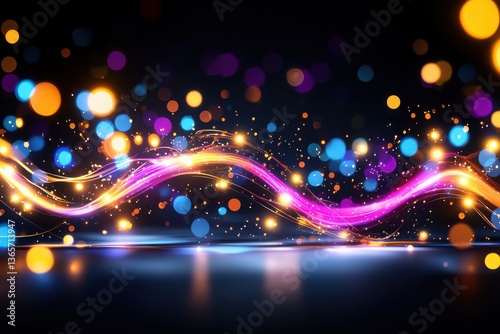 Abstract Pink and Orange Light Wave with Bokeh Lights on Dark Background