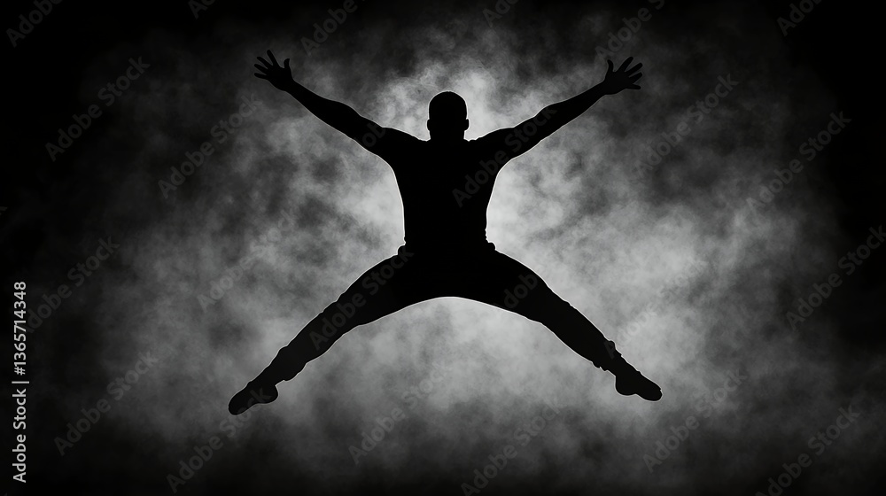 Silhouette of a Jumping Man Against a Dramatic Smoke Background