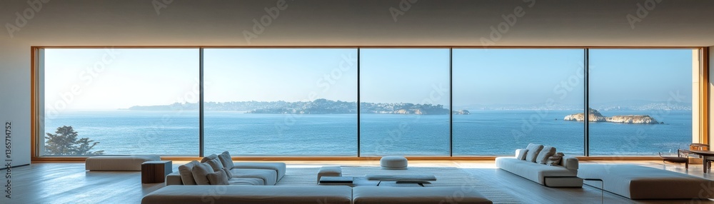 Fototapeta premium Panoramic ocean view from a modern, sunlit living room. Large windows provide an unobstructed vista of the sea and horizon. The minimalist interior creates a sense of calm and serenity.