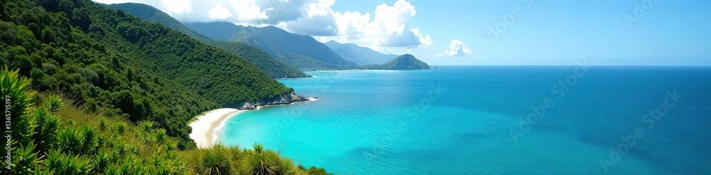 Fototapeta premium Spectacular coastline with crystal clear turquoise waters and lush greenery at Bay of Islands, New Zealand, water, New Zealand