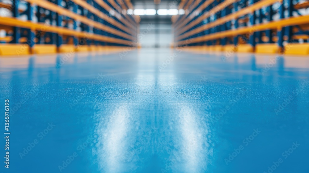 Obraz premium Expansive Interior of a Modern Warehouse with Blue Flooring and Organized Shelving Units