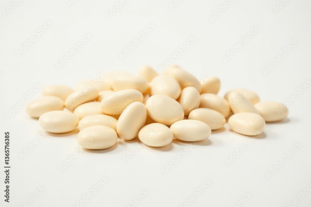 Scattered white beans on pure white background, lima beans, white beans Scattered white beans on pure white background, lima beans, white beans