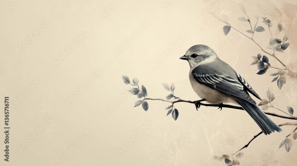 Beautiful bird perched on a delicate branch, showcasing nature's elegance and tranquil artistry in soft tones Beautiful bird perched on a delicate branch, showcasing nature's elegance and tranquil artistry in soft tones