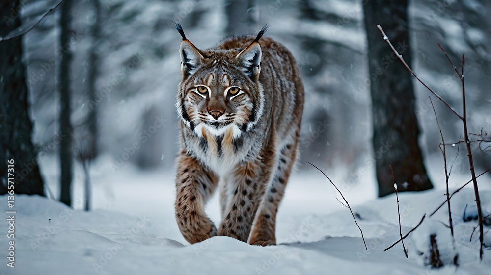 Fototapeta premium A powerful lynx stalking through a snow-covered forest, its thick fur blending with the wintry surroundings. Sharp focus on the lynx, cinematic lighting, cold color palette