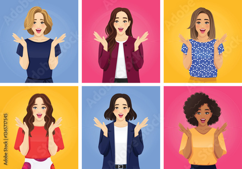 Different beautiful women with surprised amazed expressions. Vector illustration set on colorful backgrounds
