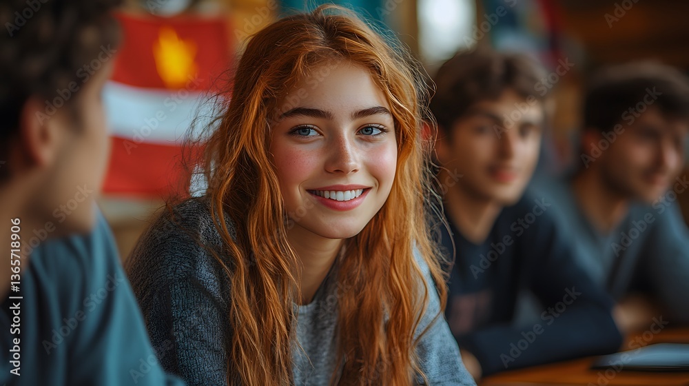 Obraz premium Smiling redhead among friends in casual setting