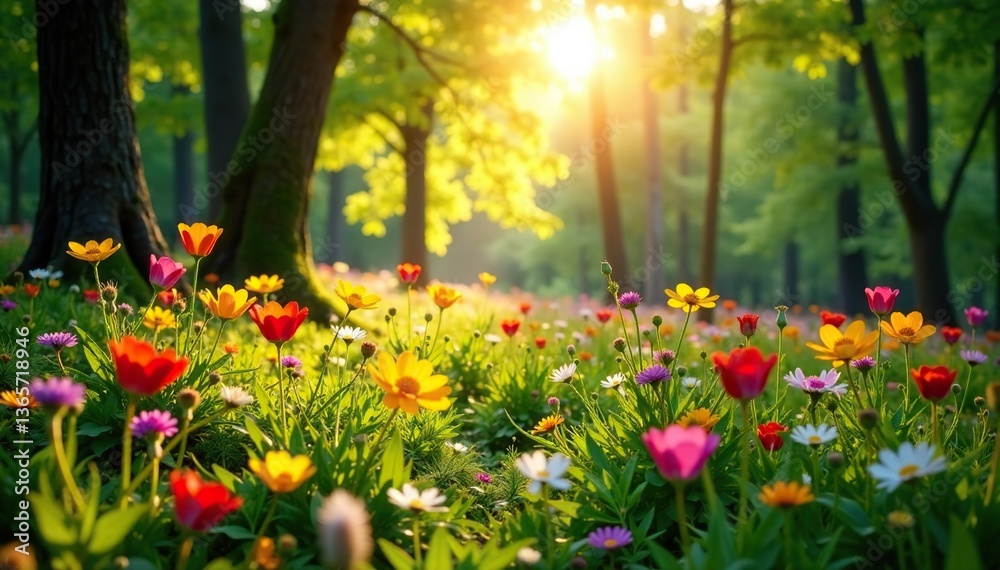 Obraz premium Sunlit forest bursting with vibrant spring flowers and wildflowers, bathed in golden light, forest, colorful