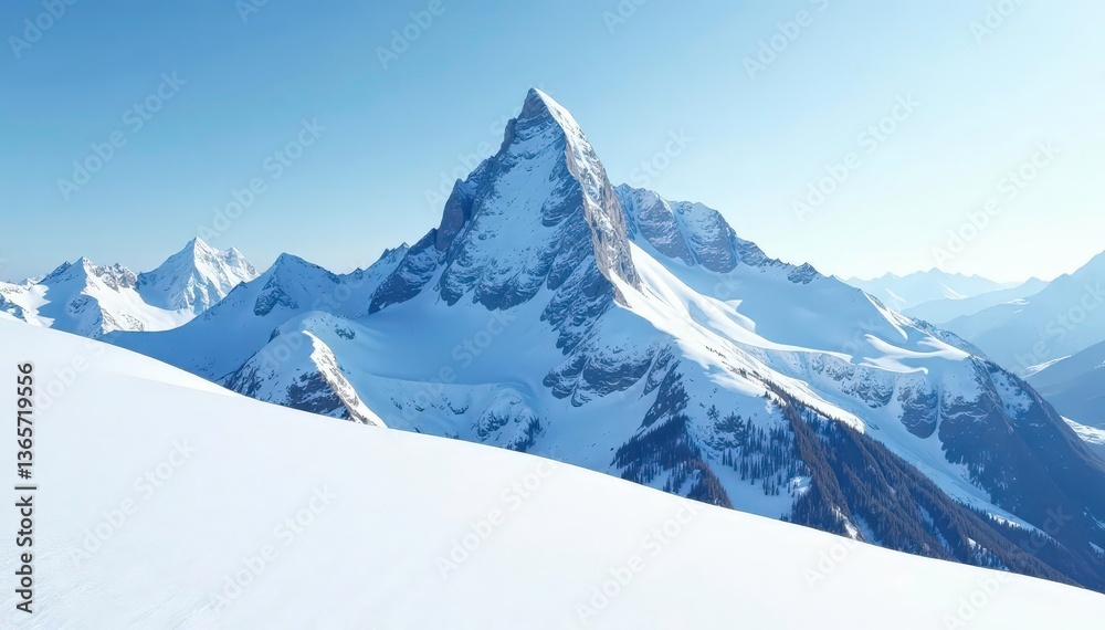 Fototapeta premium Snow-covered mountain peak, pristine white landscape, cliffs, environment, cold