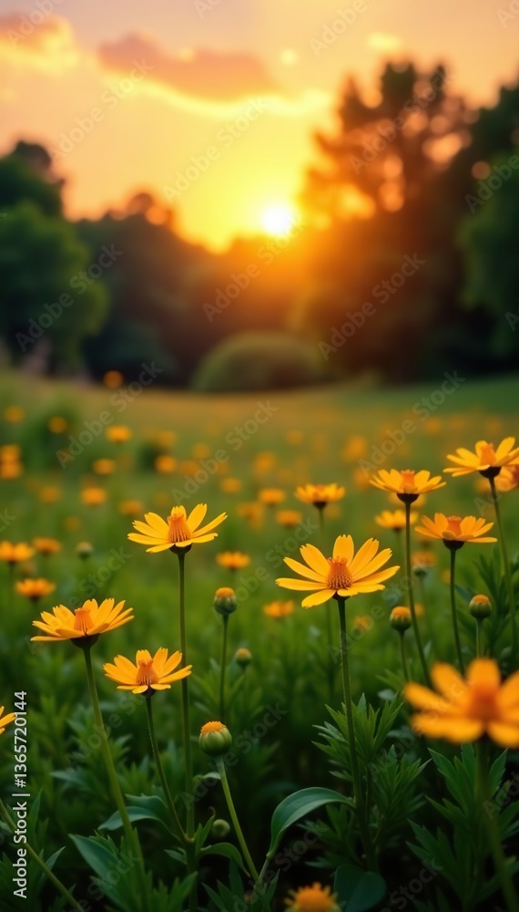 Obraz premium Sunset field landscape with yellow flowers and grass meadow at golden hour, blurred forest background, tranquil nature scene, nature, golden hour