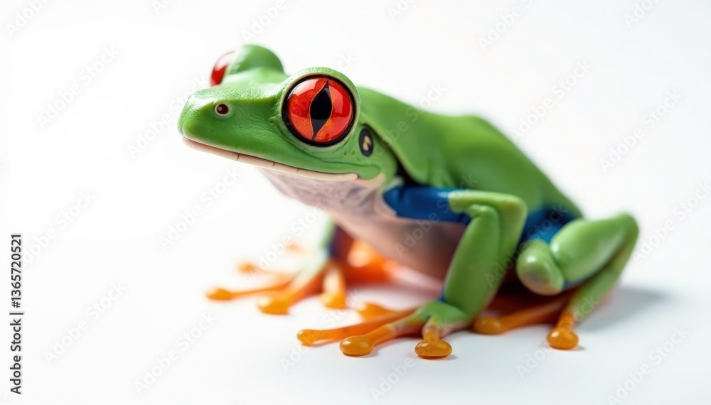 Fototapeta premium Single red-eyed tree frog on white, striking contrast, vivid, design element, contrast