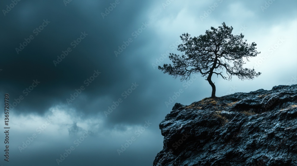 Lone tree standing on rocky cliff against dramatic cloudy sky during twilight in natural landscape scenery Lone tree standing on rocky cliff against dramatic cloudy sky during twilight in natural landscape scenery