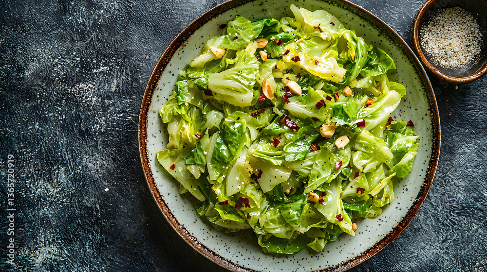 Sautéed Rough-Cut Cabbage Leaves with Garlic and Chili Flakes Served in a Round Plate Sautéed Rough-Cut Cabbage Leaves with Garlic and Chili Flakes Served in a Round Plate