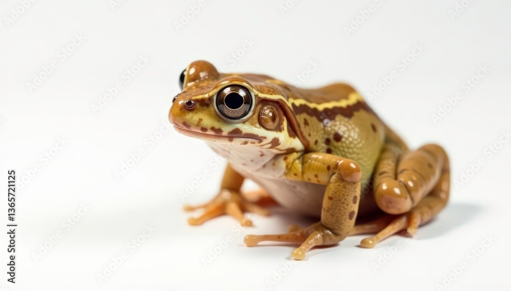 Fototapeta premium Single, speckled brown frog against white backdrop, reptile, wildlife, brown frog