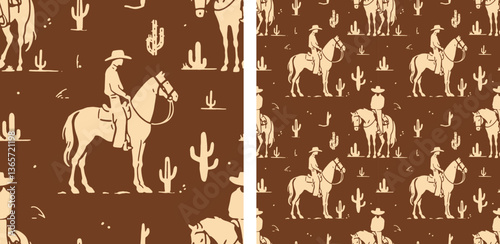 Vintage Western Cowboy Seamless Vector Pattern – Desert Horse Rider and Cactus Illustration
