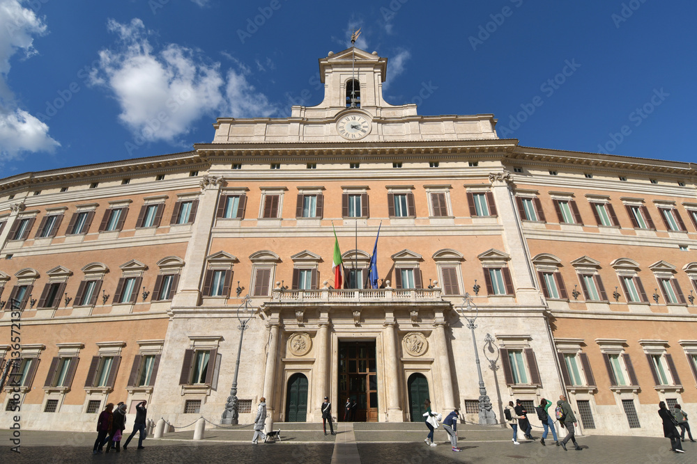 Naklejka premium Palazzo Montecitorio is in Piazza del Parlamento near Piazza di Monte Citorio. It houses the Chamber of Deputies of the Italian Republic and the Italian Parliament