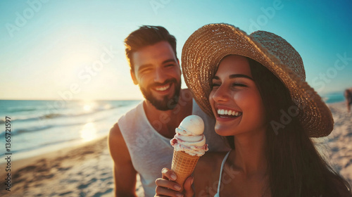 A couple smiles joyfully while sharing an ice cream cone on the beach. The golden sunlight reflects on the water, creating a picturesque moment filled with happiness and love.