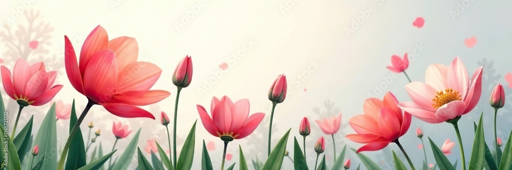 Fototapeta premium Spring flower illustration with vibrant colors, delicate petals, and fresh green stems, pattern, seasonal