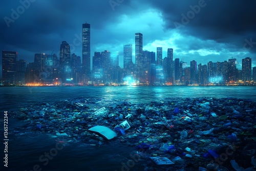 Futuristic city skyline engulfed by plastic waste in the ocean