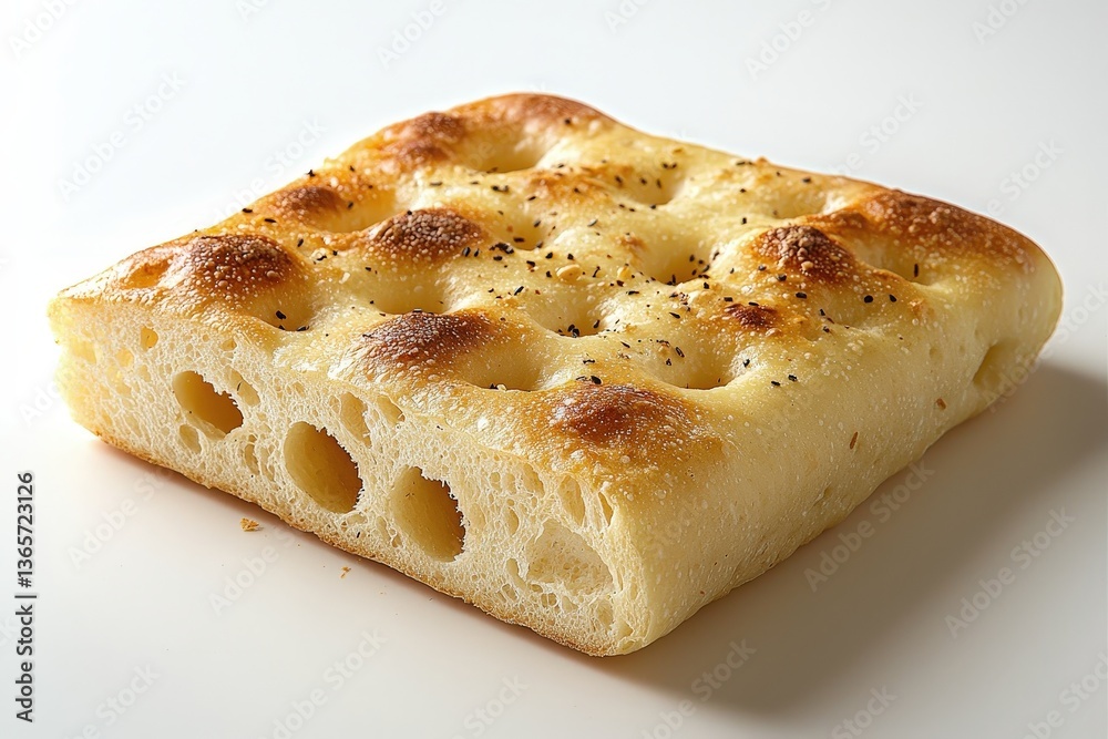 Golden square focaccia bread with seasoning on white background Golden square focaccia bread with seasoning on white background