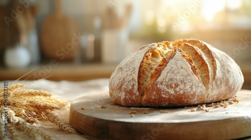 Fresh baked sourdough bread loaf on wood board with wheat food photo