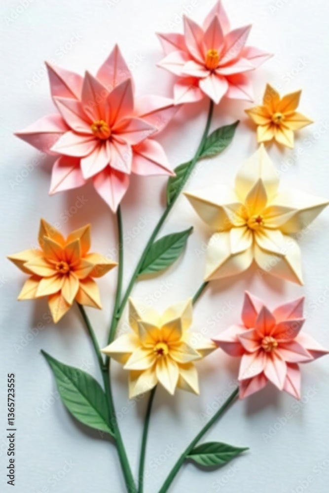 Fototapeta premium Spring-themed origami flowers in various colors delicately arranged on a clean white backdrop, with ample space for customizable content, craft, space