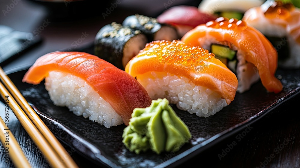 Delicious japanese food sushi rolls and nigiri on plate close up view Delicious japanese food sushi rolls and nigiri on plate close up view