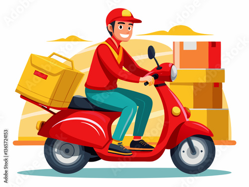 Young Delivery Driver on Scooter with Package Vector