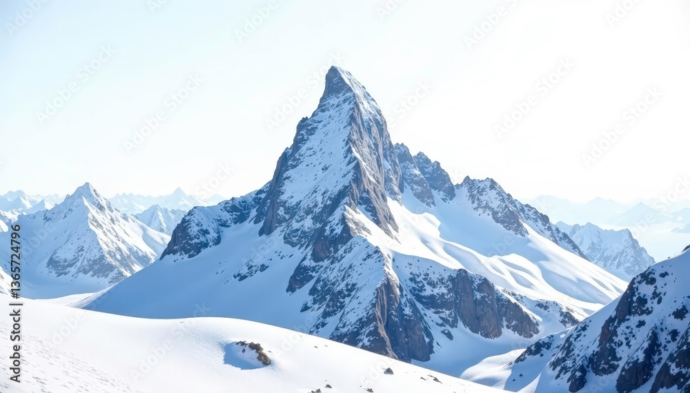 Fototapeta premium Snow-covered mountain peak against bright white sky, panorama, winter