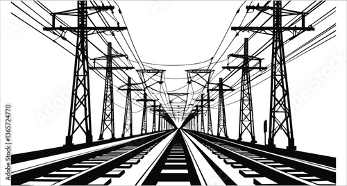Railroad tracks with overhead electrical lines vector. Black silhouettes of electric poles and railway track. Black and white railroad scene with power line poles silhouettes vector