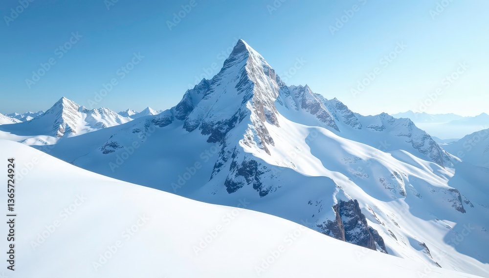 Fototapeta premium Snow-covered mountain peak, brilliant white, pristine landscape, landscape photography, snowy, winter landscape
