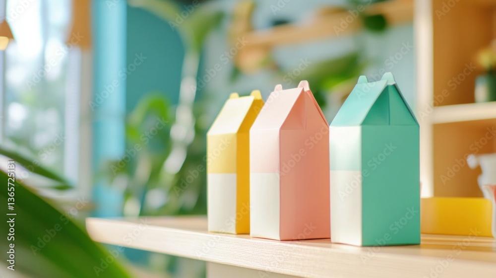 Colorful carton boxes on wooden shelf in bright interior with plants. Colorful carton boxes on wooden shelf in bright interior with plants.