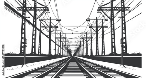 Railroad tracks with overhead electrical lines vector. Black silhouettes of electric poles and railway track. Black and white railroad scene with power line poles silhouettes vector