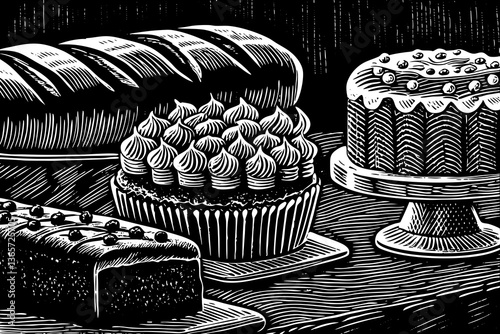 Bakery bread and pastry cakes vector sketch black and white 