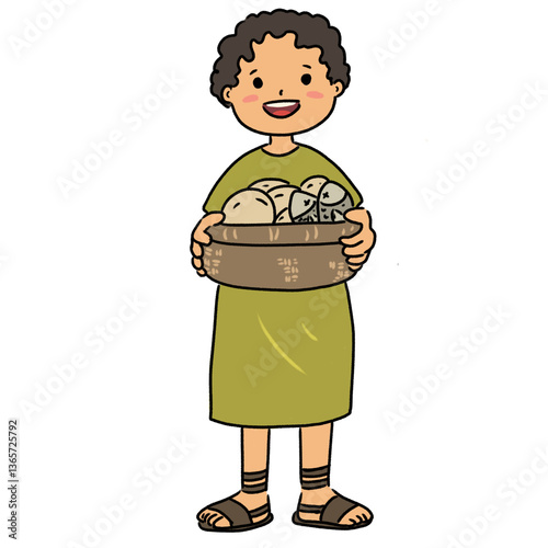 Boy with a basket of five breads and 2 fishes
