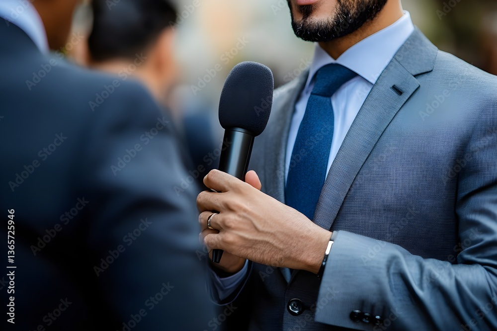 Naklejka premium Journalist holding a microphone during an interview at a business event.