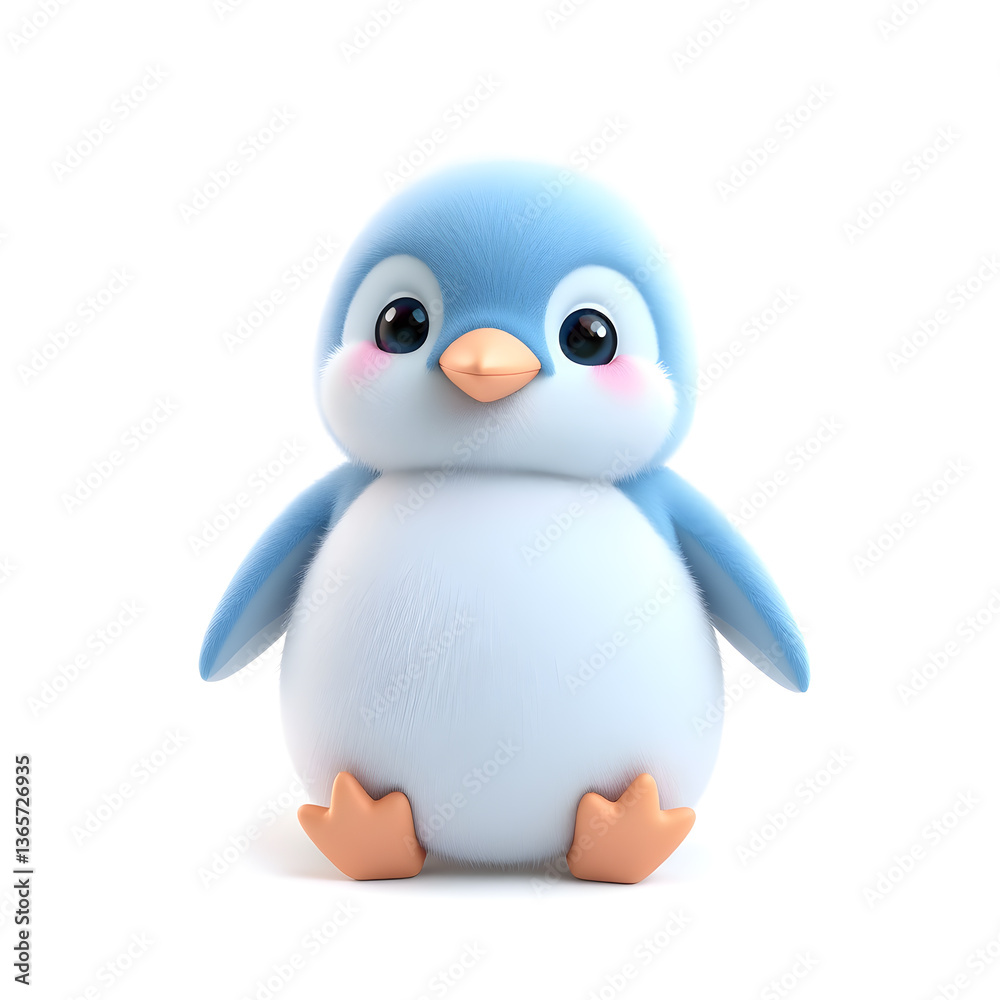 Fototapeta premium Penguin – 3D baby penguin, plump and puffy, tiny wings, pastel blue and lilac tones, white background. Generative AI