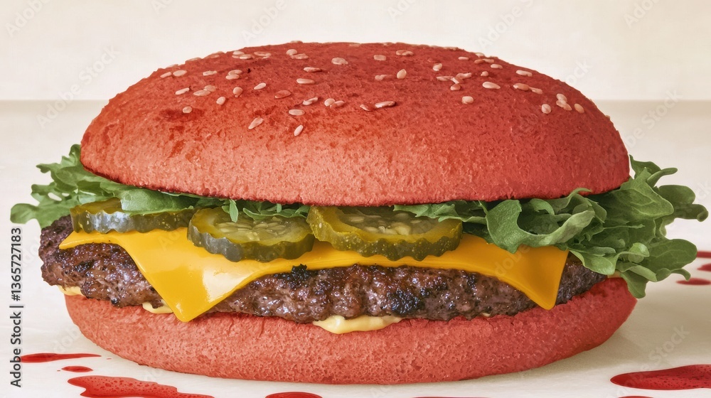 Cheesy beef burger with red bun fast food restaurant food photography indoor setting close-up shot unique culinary concept Cheesy beef burger with red bun fast food restaurant food photography indoor setting close-up shot unique culinary concept