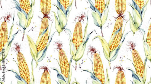 Seamless pattern with watercolor corn drawing illustration on white background
