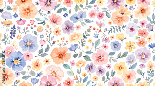 Colorful flower Watercolor background, Beautiful seamless pattern with watercolor gentle colorful flowers. Stock illustration.	