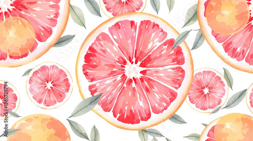 Citrus watercolor Pattern with Oranges and Leaves on White Background