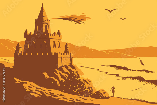 32 Beach sunset, sand castle explosion, water droplets, dynamic splashing, golden hour light, dramatic coastal scene, high-speed photography, ethereal atmosphere, ocean backdrop, intricate sand sculpt