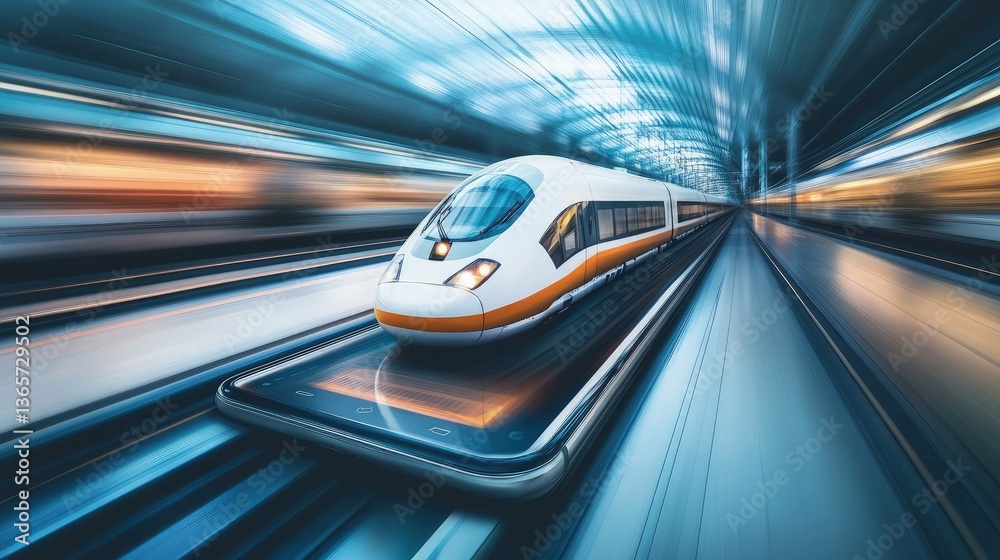 Fototapeta premium High speed train technology on mobile phone for transportation concept