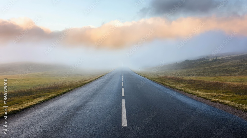 Naklejka premium Foggy road trip scenic route travel landscape journey morning drive