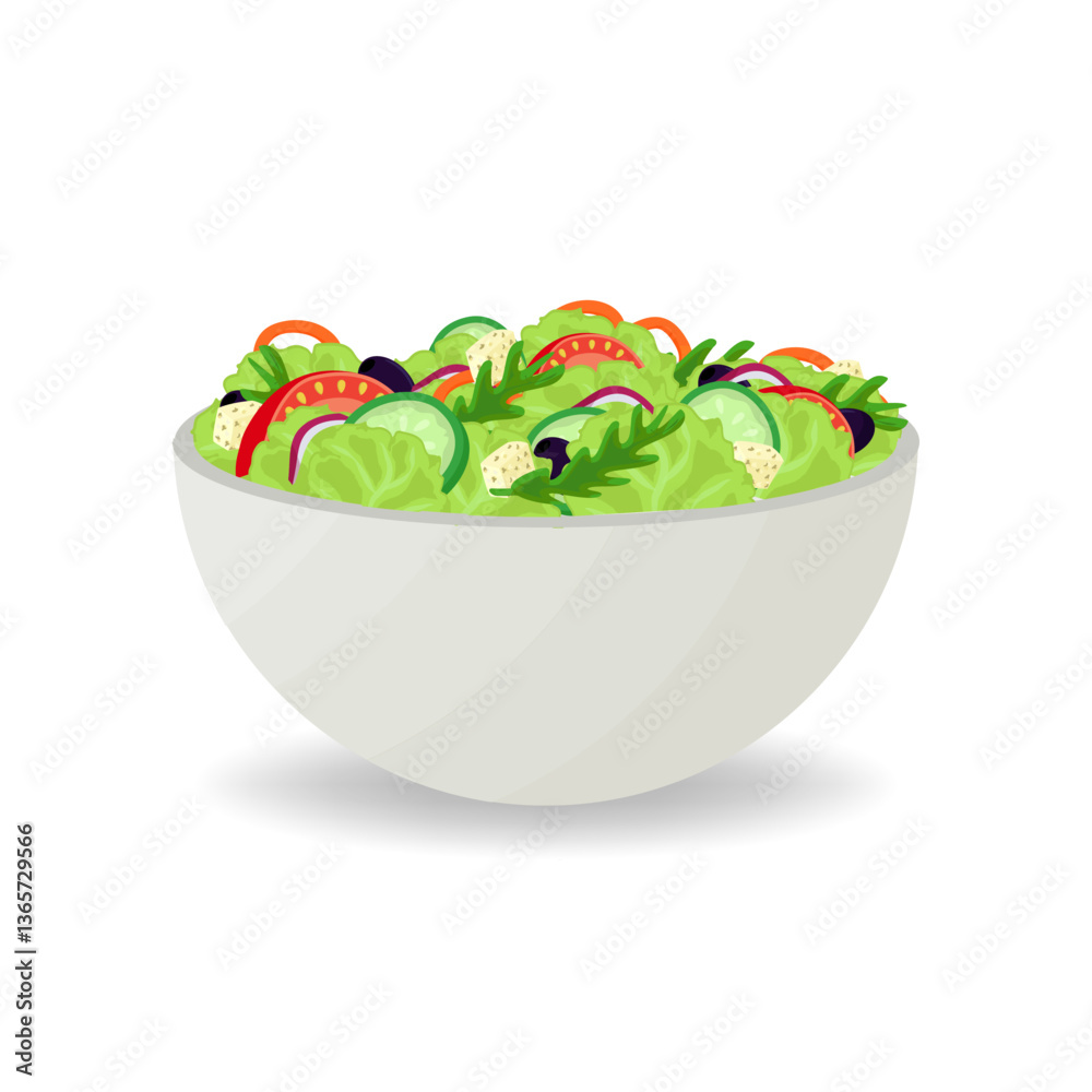 Fresh salad concept. Isolated vegetable meal, vitamin diet nutrition with tomatoes, onion, cucumbers. Render realistic food elements, pithi vector design