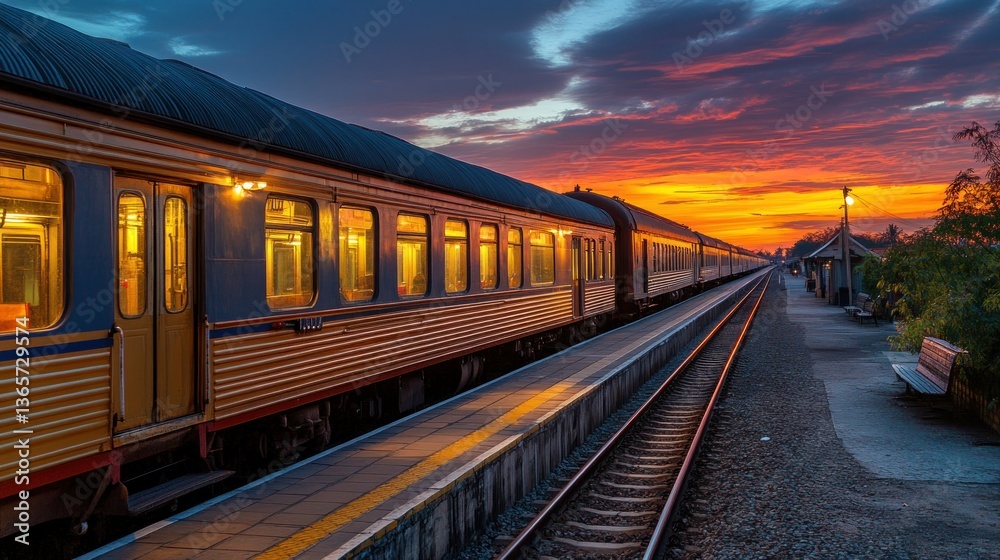 Golden train at sunset station Golden train at sunset station