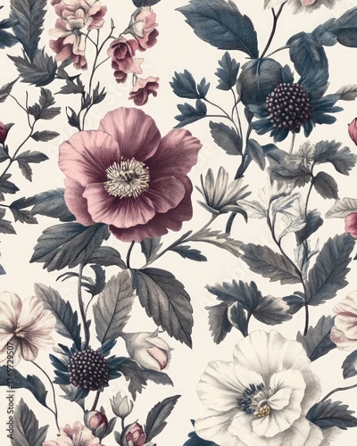 Seamless pattern background featuring a collection of vintage botanical illustrations with flowers and leaves in muted colors. MZ 